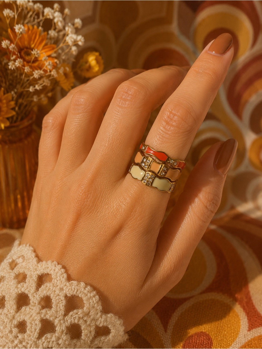 3 Piece Stackable Enamel Ring Set Gold Tone Rhinestone Lia Sophia 70’s Revival